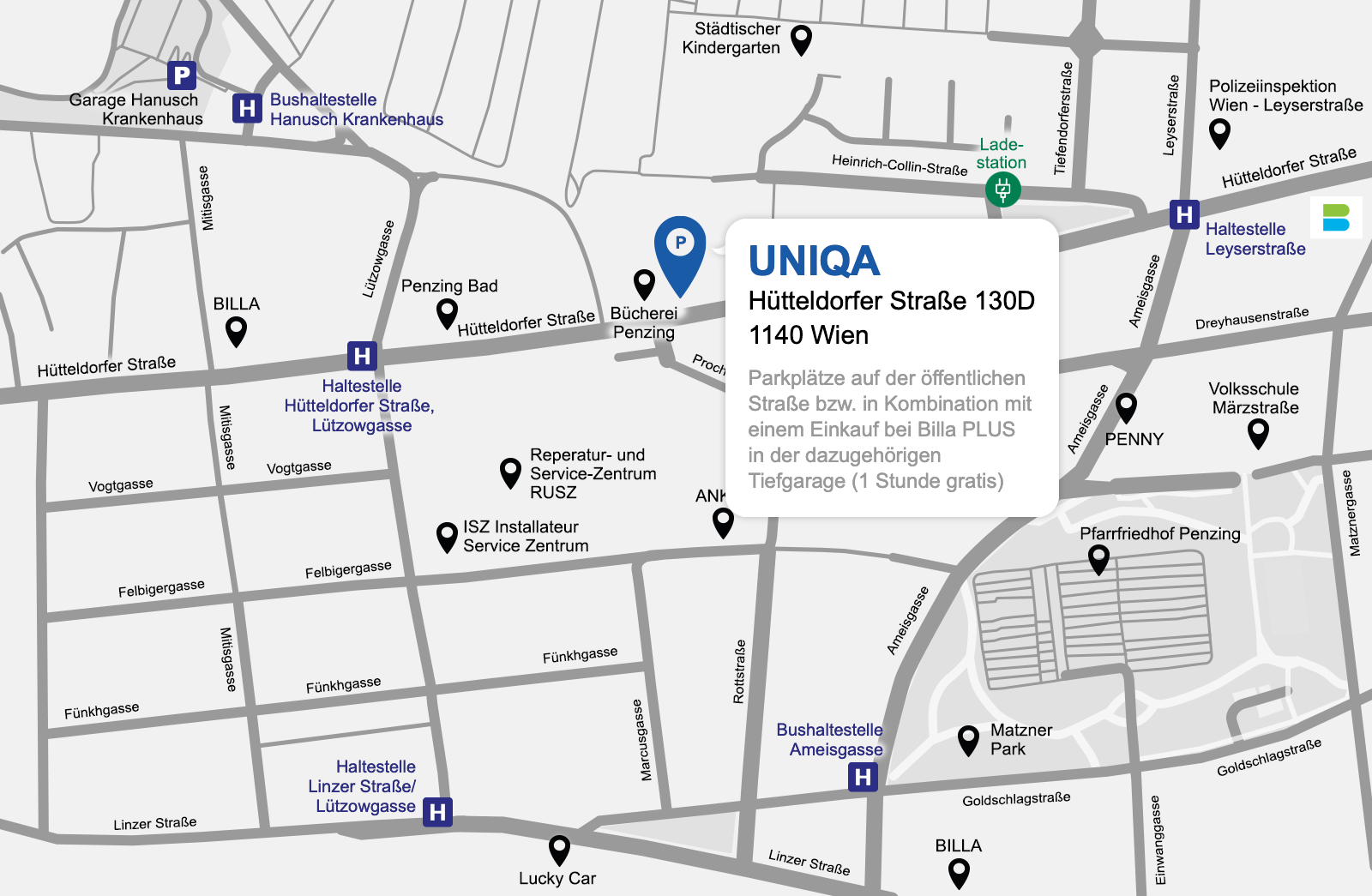 Eine detaillierte gezeichnete Karte der UNIQA Generalagentur Bienstock & Partner